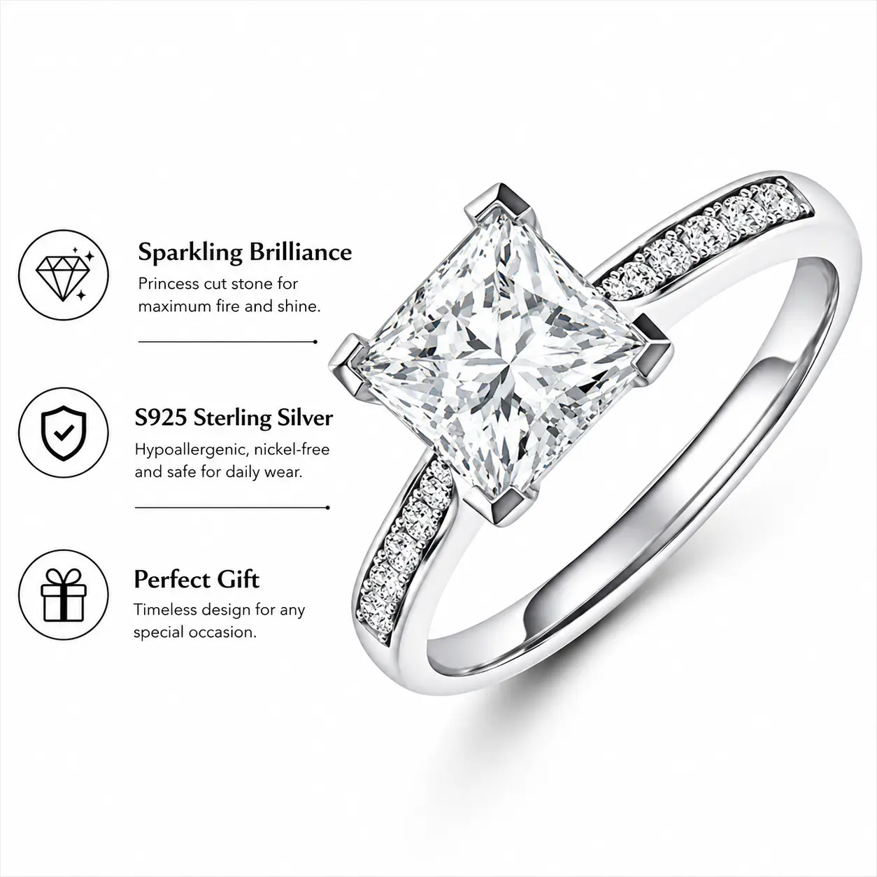 2CT Princess Cut Moissanite Engagement Ring for Women, D Color VVS1 S925 Sterling Silver Bridal Wedding Promise Ring