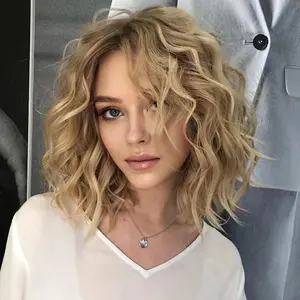 Short Ombre Blonde Wavy Wigs for White Women 14 Inch Shoulder Length Curly Wavy Bob Wig Synthetic Natural Hair Wig for Daily Party Use