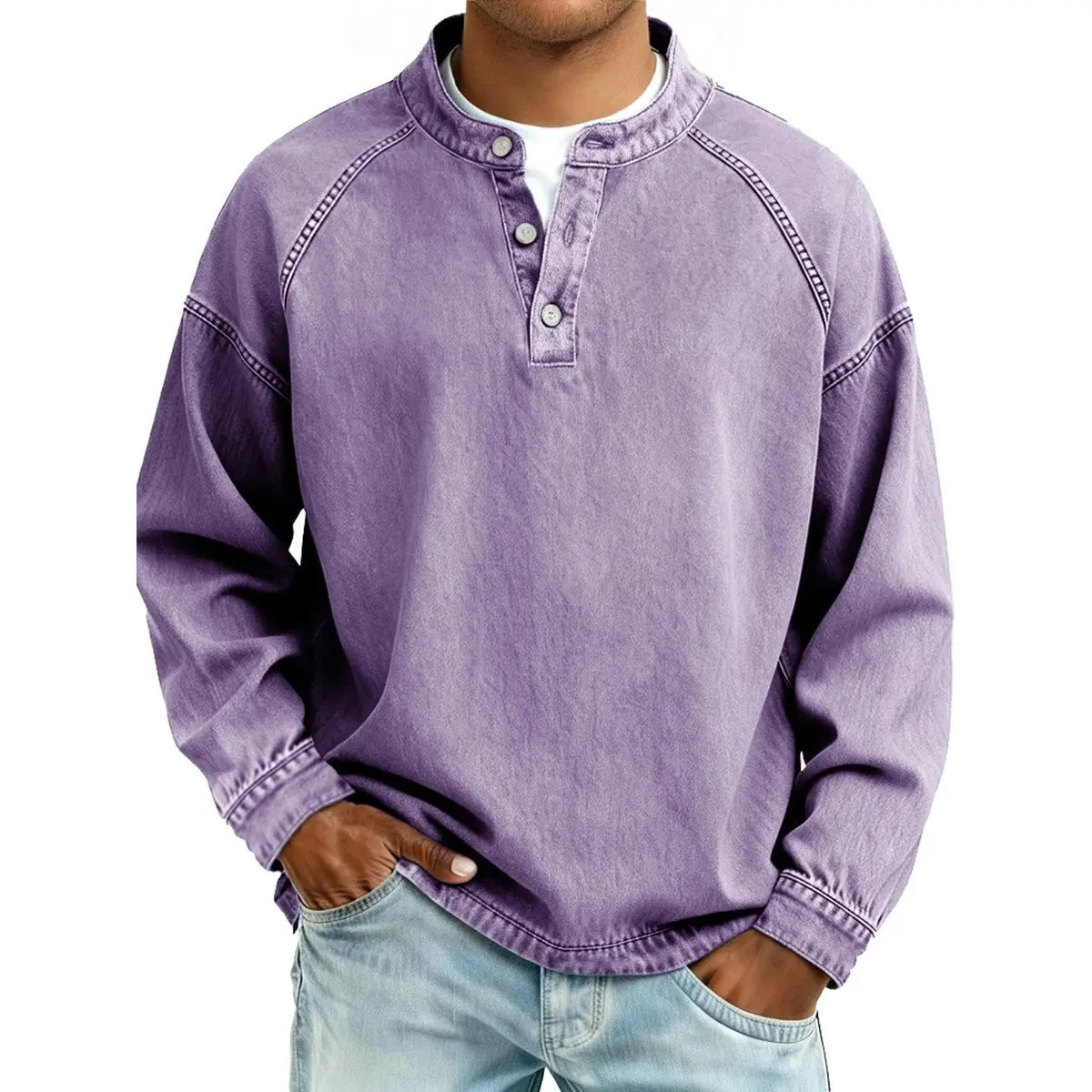 2026 New Classic Casual Stylish Men's Washed Henley Long-Sleeve Shirt - Stand Collar, 3-Button Placket, Raglan Sleeves, Loose Vintage Solid Pullover for Daily Wear