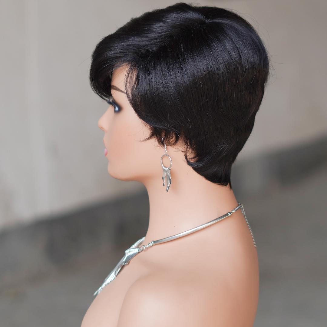 "Glueless Short Pixie Cut Wig With Bangs 180% Density Brazilian Virgin Human Hair P1B/99J 6 Inch Layered Natural Look Full Machine Made Wig Caps For Daily Party & Salon Use "	