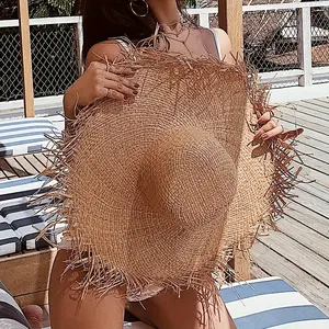 Spring and Summer New Frayed Wide Brim Raffia Hat for Women, Summer Trendy Beach Hat, Internet Celebrity Style, Sun Protection Sun Hat for the Beach Boho Natural