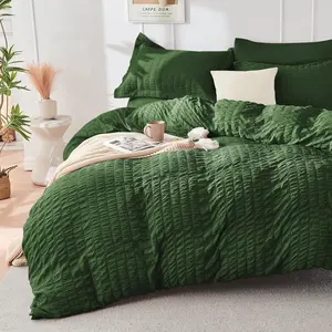 Dark Green Striped King Size Duvet Cover Set - Ultra 3-Seersucker, Brushed Microfiber, Double Closure, 8 Corner Ties, Wrinkle Resistant, Breathable, Certified Safe Fabric (104"x90", 2 Pillowshams)