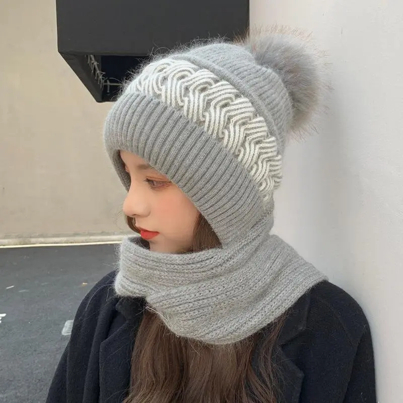 Women's Winter Knitted Beanie Set - Cute Korean Style Ear & Neck Warmer Scarf-Integrated Hat