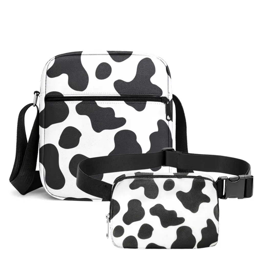 2PCS Cow Print Crossbody Bag & Fanny Pack Set for Women, Adjustable Shoulder Purse and Belt Bag, Lightweight Hands-Free Travel Bag Set