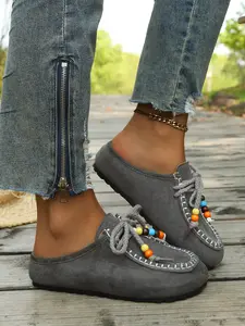 Boho Beaded Half Sandals for Women, Vintage Ethnic Style Slip-On Mules, Soft Comfortable Rubber One-Step on Footwear, Perfect for Casual Wear