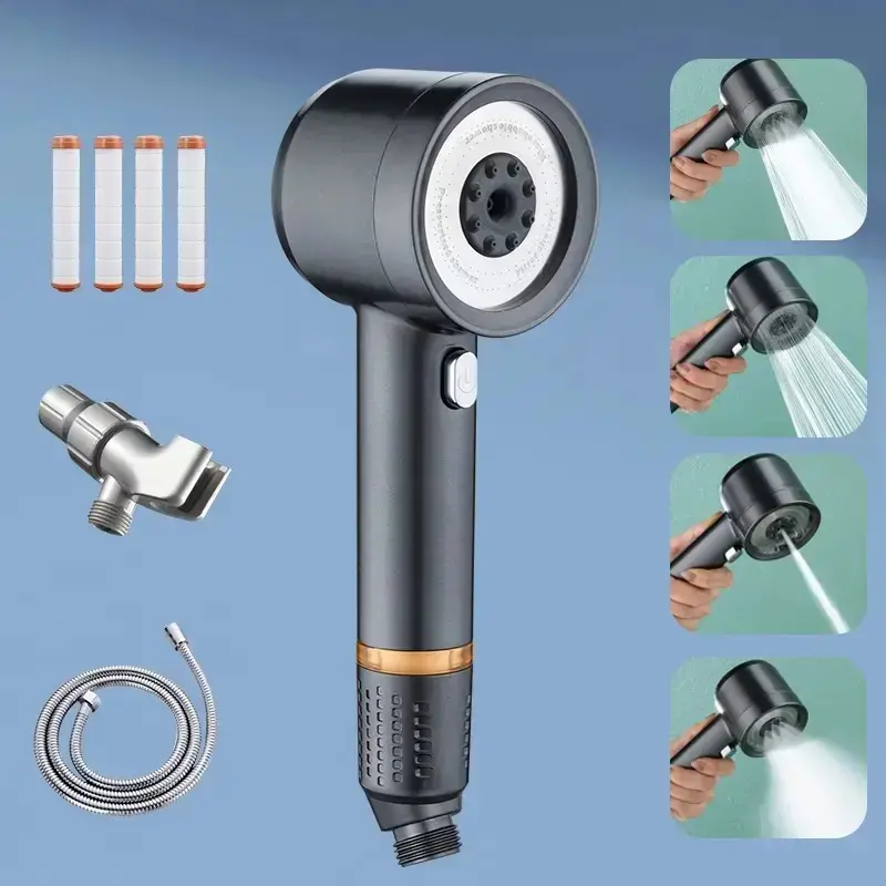 Pressurized Handheld Shower Head Set, 4-Speed Adjustable Bathroom Massage Fixture with Stainless Steel Panel, Hose Holder, Hard Water Filter Element for Dry Skin Relief cartridge function