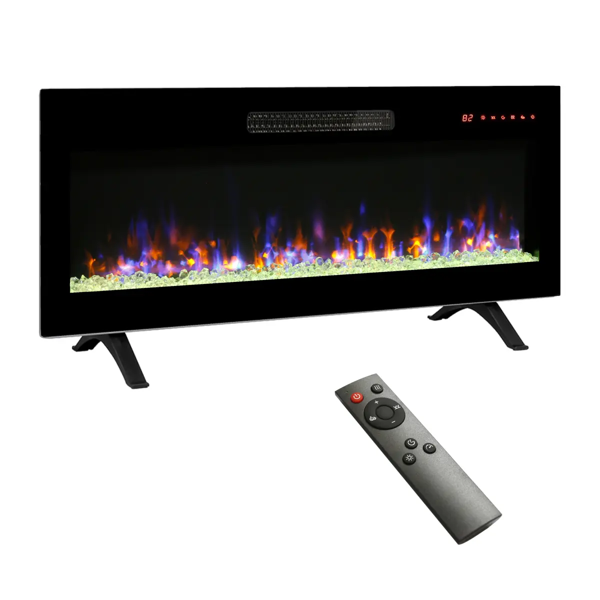 42-in Home Indoor Recessed Ultra-Thin Tempered Glass Front Wall-Mounted Electric Fireplace, Remote On, Multi-Colors Flame & Ember Bed, Adjustable 600W+ LED Light Heater, Timer, Brackets, LED Display