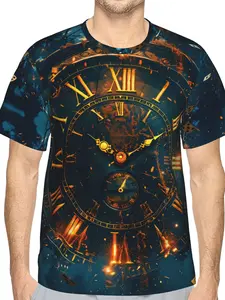 Men'S 3D Digital Printed Short Sleeve Summer T-Shirt, Cosmic Clock Face with Roman Numerals And Playing Cards Graphic, Crew Neck, Lightweight Polyester Tee, Mystical Fire Spark Design for Daily Casual Wear