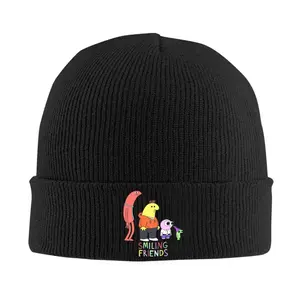 Smiling Friends TV Show Logo Knitted Hat - Black Winter Style, Featuring Smiling Friends Characters (Green and Pink) - Unisex Kpop Style Y2K Streetwear - Cute Fan Collection Gift, Winter Hat, Women's Winter Hat, Winter Top, Winter Top, Christmas Sweater,