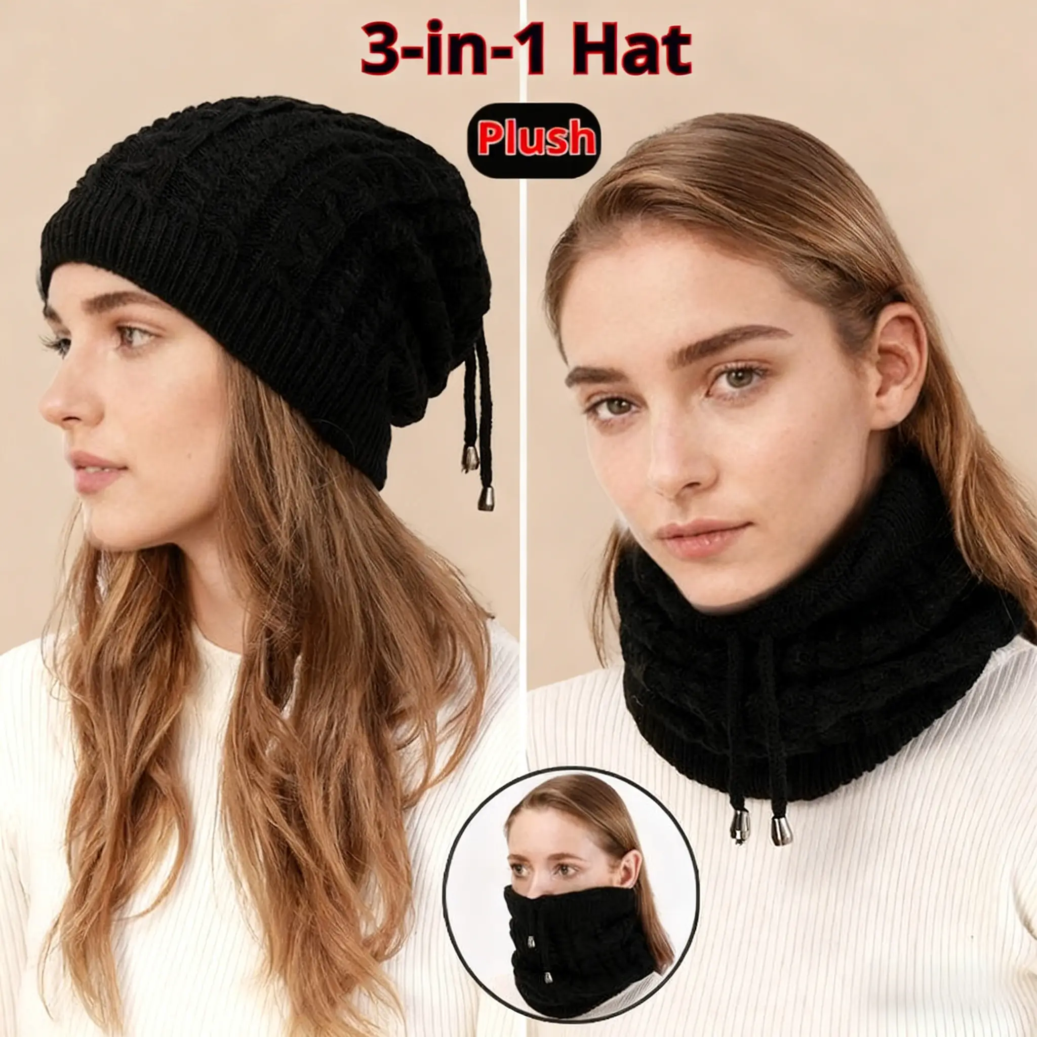 Autumn and winter warm scarf drawstring double-wrap knitted hat pullover hat women's hat ponytail wool hat