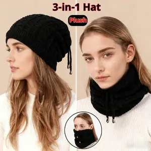 Autumn and winter warm scarf drawstring double-wrap knitted hat pullover hat women's hat ponytail wool hat
