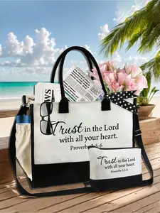 Faith-themed black and white tote bag set with Jesus prints. Equipped with adjustable shoulder straps, large capacity and reusable. Lightweight zippered design, works perfectly as travel, beach and makeup bag.