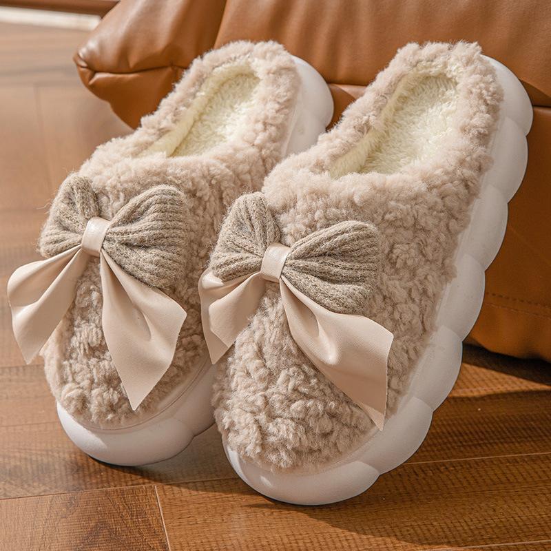 Women's Winter New Bow Plush Slippers Thick Sole Cozy Indoor Home Slippers for Fall & Winter