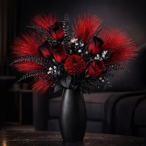 Luxury Artificial Flower Bouquet, Fake Bouquet, Fake Flowers, Decorative Faux Flower, and Deep Gradient Roses with Decorative Leaves, Flower Arrangements, Ideal for Home Decoration, Centerpiece, No Vase Included