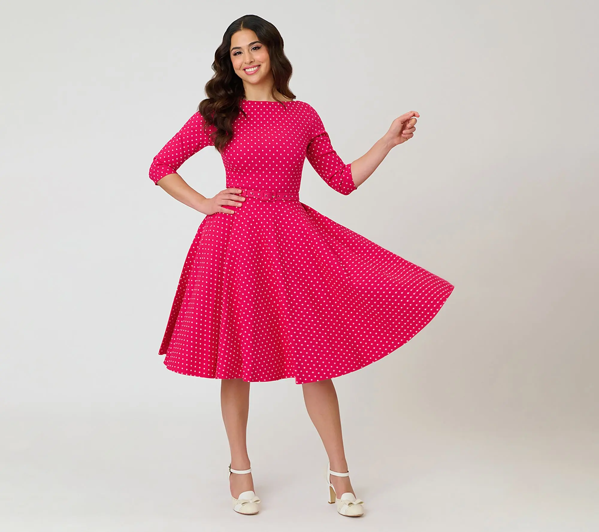 Unique Vintage Hot Pink Pin Dot Devon Swing Dress