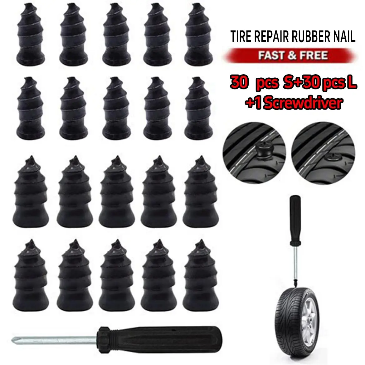 60 Pcs 2-Size Tire Repair Screws Plug Kit with 1 Screwdriver, Self-service Tire Repair Vacuum Rubber Nails for Car/Motorcycle/Truck/Tractor, Fast Puncture Repair Supplies, Cars/Motors/Trucks, Dual-Size Set
