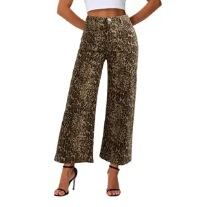 Genleck Leopard Print Wide Leg Jeans Cropped Loose Fit High Waisted Stretchy Capri Denim Pants Baggy Petite Jeans Short Girls Friendly White Casual Minimalist Style