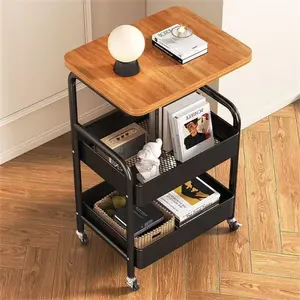 Three Tier Metal Utility Cart, Metal Storage Rack, Rolling Cart with Wooden Tabletop, Multifunctional Storage Rack with Wheels, Durable Steel Frame, Suitable for Kitchen, Office, Bedroom, Living Room