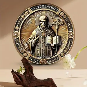 Vintage Saint Benedict Medal Wall Art, 8x8 Inch Aluminum Sign, Waterproof and Fade Resistant, Easy Hanging Round Decoration for Home, Kitchen, Bar, Office