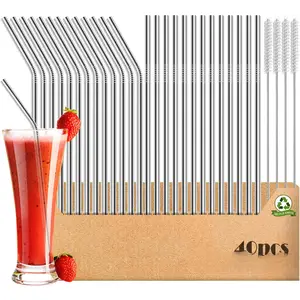 40-Pack  Stainless Steel Metal Straws, 18 Straight + 18 Bent 8.5'' Metal Straws for 20 oz Tumblers Dishwasher Safe with 4 Cleaning Brushes