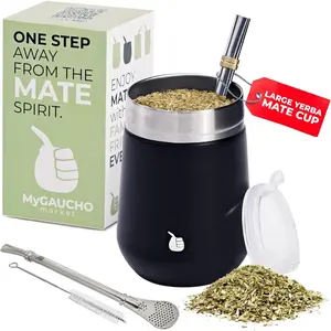 Large Yerba Mate Cup Gourd Tea Cup Set Includes 2 Bombillas Straws and Cleaning Brush Revolution Black