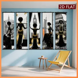 5pcs Beautiful Lady Standing at Various Classic Buildings HD Canvas Wall Paintings with Plastic Scroll Non-fading Ink Artwork Easy to Hang Decorative Paintings Suitable for Home Office Decor Printing High Quality Material Wall Decor