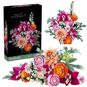 Pretty Pink Flower Bouquet Artificial Rose Bouquet Plastic Faux Flowers Building Blocks Set Creative Plant Decor Assembly Bricks Kit Ideal Valentine's Day Gift for Girl10342