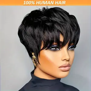 New 2025 Arrivals Pixie Cut Wig with Bangs for Women - 180% Density Virgin Peruvian Human Hair, Straight Layered Short Style, Machine Made Non-Lace Glueless, Light Brown with Black Accents, Stylish Short Haircut Wig