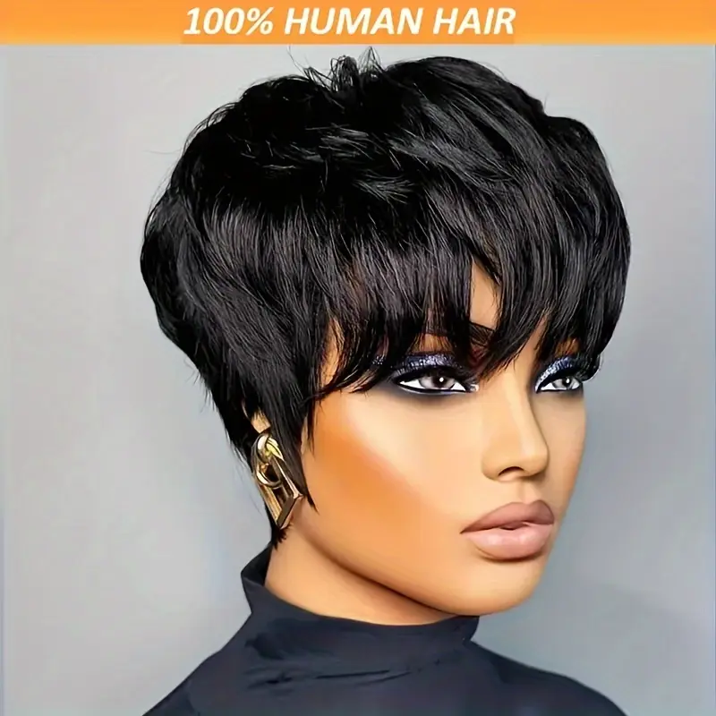 New 2025 Arrivals Pixie Cut Wig with Bangs for Women - 180% Density Virgin Peruvian Human Hair, Straight Layered Short Style, Machine Made Non-Lace Glueless, Light Brown with Black Accents, Stylish Short Haircut Wig