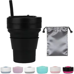 12 Oz Silicone Collapsible Travel Cup with Bag,Portable Silicone Water Bottle for Hot and Cold Beverages, Reusable Folding Drinking Cup with Lids 350ml for Outdoor Camp Hiking Travel with Straw -Black