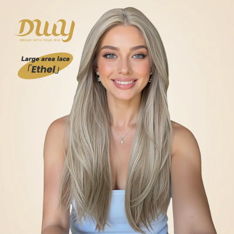 Ethel - DWY 13×6 Lace Front Free Part Long-Length Straight Brown with Highlights Glueless Synthetic Wig for Women 26 Inches Large Area Lace Wig
