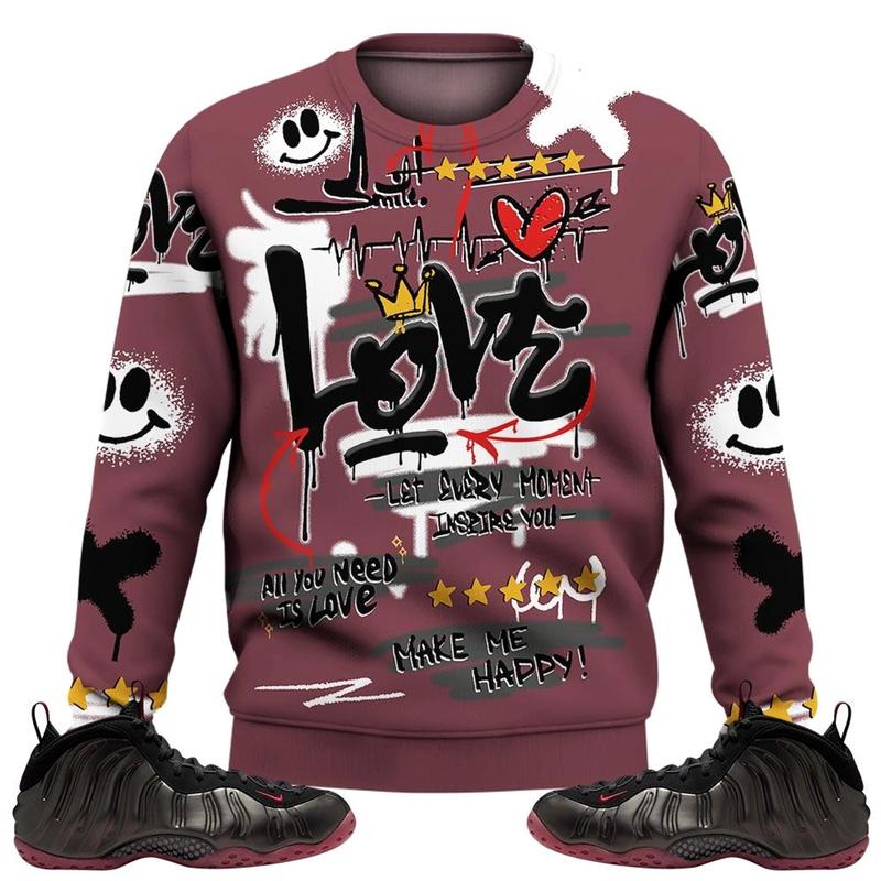 Black and Varsity Red Sweatshirt, Foamposite One Cough Drop Shirt, Happy Love Beats Graffiti Outfits Streetwear Sneaker Matching Fabric Fleece