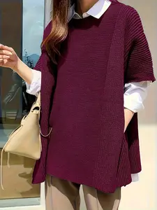Women's Plus Size Outerwear Knit Soft Sweater Vest Short Sleeves, Fall Winter Casual Minimalist Two-Piece Shirt Collar Cardigan, Comfortable Loose Fit