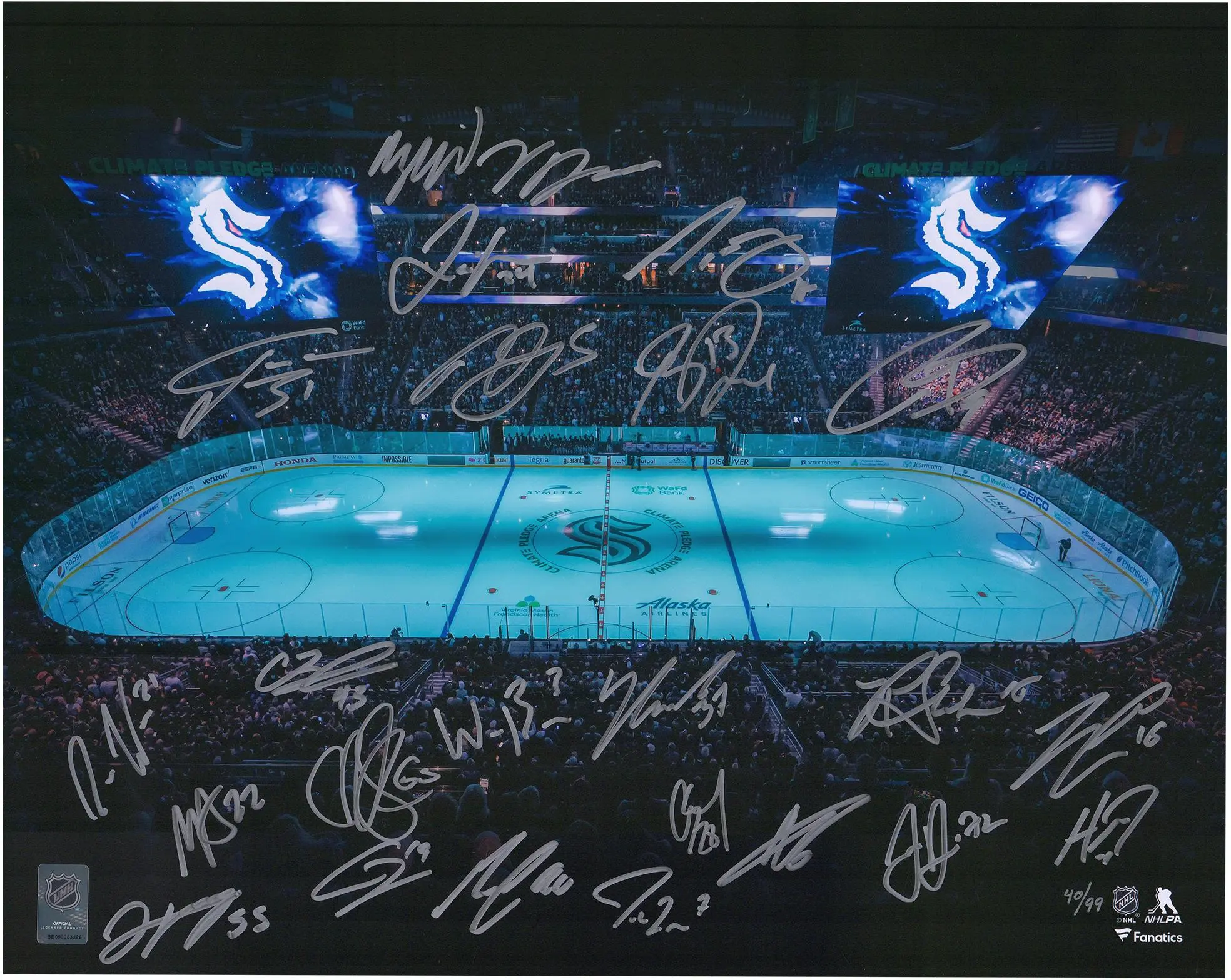 Seattle Kraken Autographed 16" x 20" Opening Night Rink Photograph with 25 Signatures - Limited Edition of 99 - Fanatics Authentic Certified