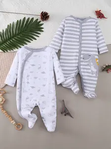 2Pcs Newborn Baby Long Sleeve Cotton Bodysuit, Footed Sleepers for Boys, Suitable for Outdoor Wear, Maternity Gift