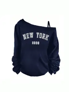 New Shoulder-Exposed Long Sleeve Loose Fit Letter New York Print T-Shirt for Women, Asymmetrical Neck Design, Casual Fall & Spring Wear