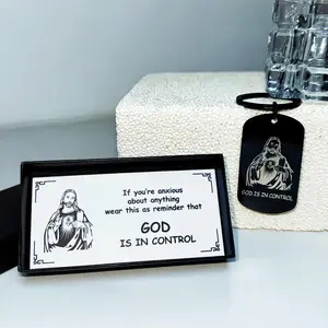 Saint Jesus Keychain for Men & Women God Is in Control Black Tag Religious Keychain for Christmas Birthday Memorial Baptism Confirmation Gifts Double Ring Carabiner Jewellery Charms