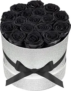17 Black Flowers in Glitter Box, Birthday Gifts for Women, Real Preserved Flowers, Mothers Day Roses Gift for Mom Decor Decorative