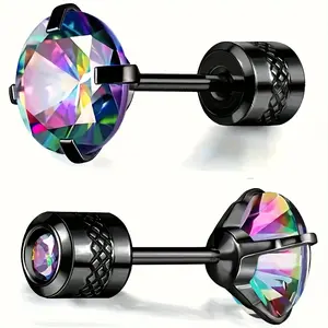 1 Pair of Hypoallergenic 304 304 Stainless Steel Cubic Synthetic Zircon Earrings - Spiral Piercing Studs for Men & Women, Vibrant Multicolor Synthetic Stones, Comfortable 304 304 304 Stainless Steel Posts, Party & Casual Wea
