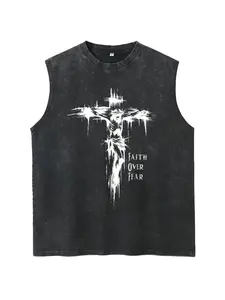 Men's Cotton Sleeveless Ribbed Oversized Seamless Classic Tank Top - Vintage Mens Apparel, Activewear Athletic Clothes with "Faith Over Fear" Inspirational Print, Breathable, Moisture-Wicking, Lightweight, Comfortable for Outdoor Sports, Casual Wear