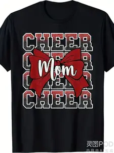 Graphic T-Shirt for Cheer Moms - Features a Red And Black for cheerleader Bow Design with Pom-Poms, This Breathable Short-Sleeve Round Neck Top Is Perfect for Cheerleading Events And Casual Wear.Comfortable Style Available for Both Men And Women