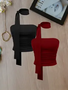 Sexy Halter Top Set, Two-Piece Crop Top, Tie-Waist Slim Fit, Plain Design, Versatile Short Strap Dressing, Halter Neck Set, Womenswear