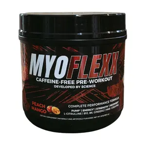 MyoFlexx Caffeine-Free Pre-Workout Formula Peach Mango Flavor 30 Servings Energy Boost with Ginseng & B Vitamins Made in USA