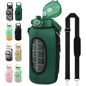 Half Gallon 64oz Glass Water Bottle with Straw and Storage Sleeve Motivational Water Bottle with Strap and Time to Drink 2L Leakproof  Water Jug for Fitness Gym and Outdoors