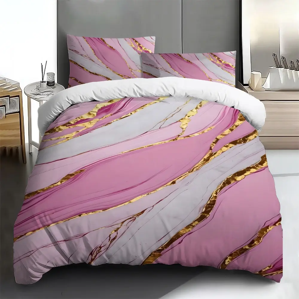 Three-piece bedding set - 2D Flat Pink, White and Gold Marble Pattern Duvet Cover Set (1 duvet cover + 1/2 pillowcases, no insert), soft and comfortable, Comfy Bedding Sets