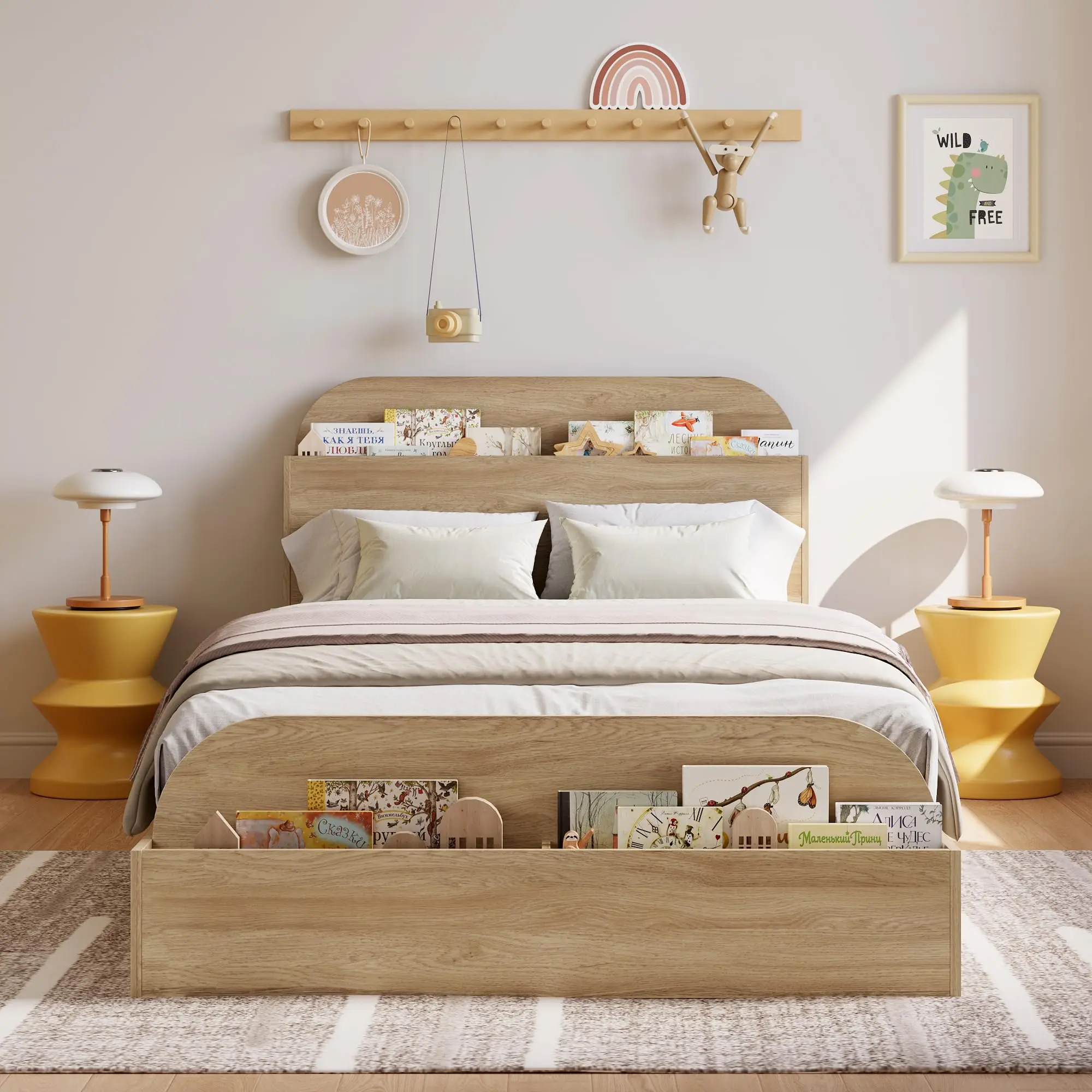 Garvee XL Single Size Wooden Platform Bed with Storage Headboard and Elevated Feeding Table, Low Profile Design for Bedroom