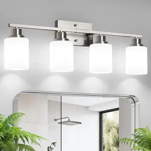 Bathroom Light Fixtures, 4-Light Vanity Light Over Mirror, Brushed Nickel Wall Sconces with Milky White Frosted Glass Shades, Wall Lamp for Living Room Bedroom, E26 Base(Bulbs Not Included)