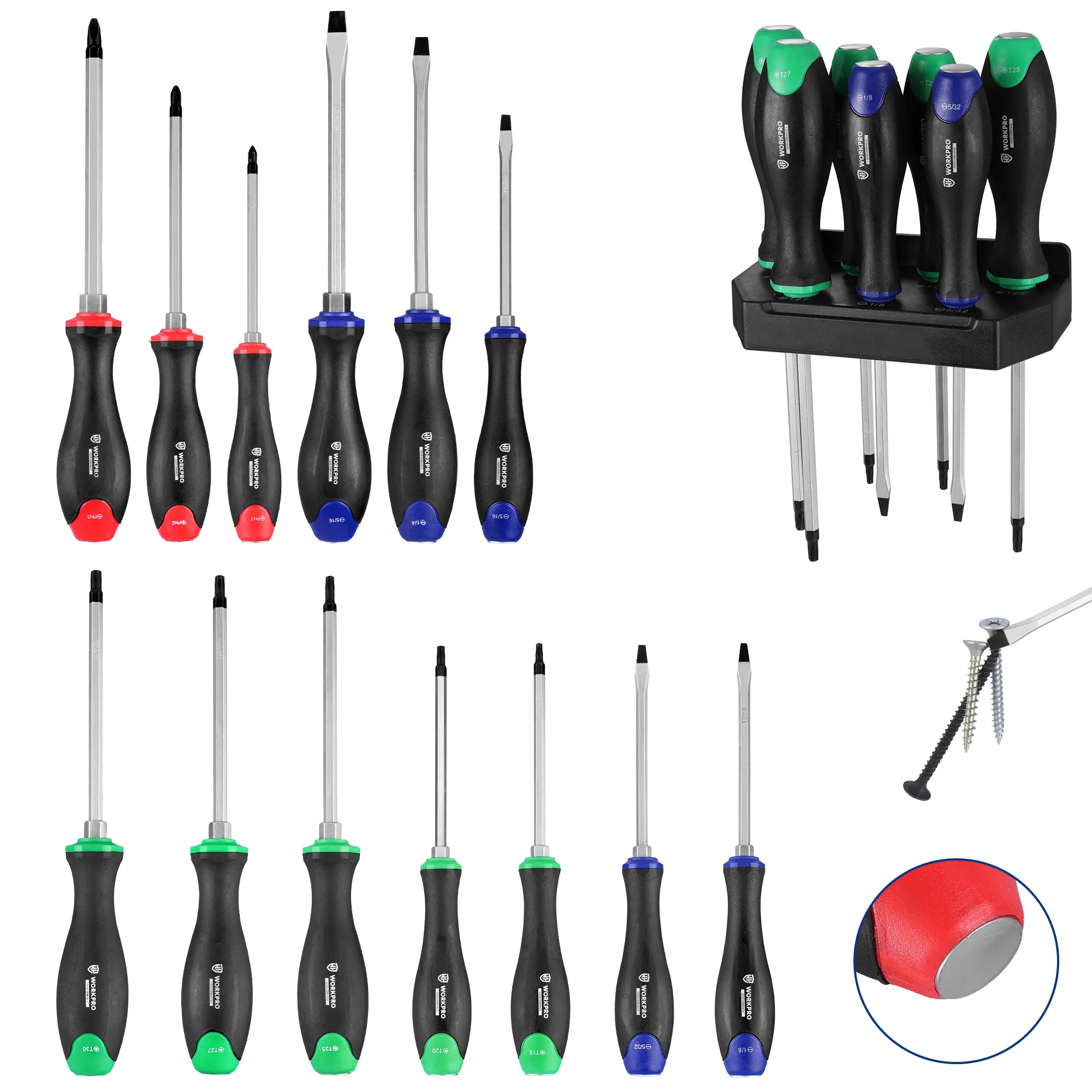 WORKPRO Magnetic Screwdriver Set, Go-Thru Screwdriver Set Kit with Wall Mount Rack, Includes Slotted, Phillips and Torx Screwdrivers, Magnetic Screwdriver with Magnetizer & Demagnetizer Tools