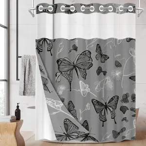 1pc hookless shower curtain with buckle lining, spring gray background with black and white butterfly design 2D flat print, fabric waterproof lining, see-through double-layer shower curtain, 71 x 74 inches, modern home draping curtain.