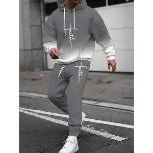 Digital Print Casual 2-Piece Set, Gradient Long Hoodie & Pants, Letter Print Knitwear, Regular Fit, Fall Winter Collection